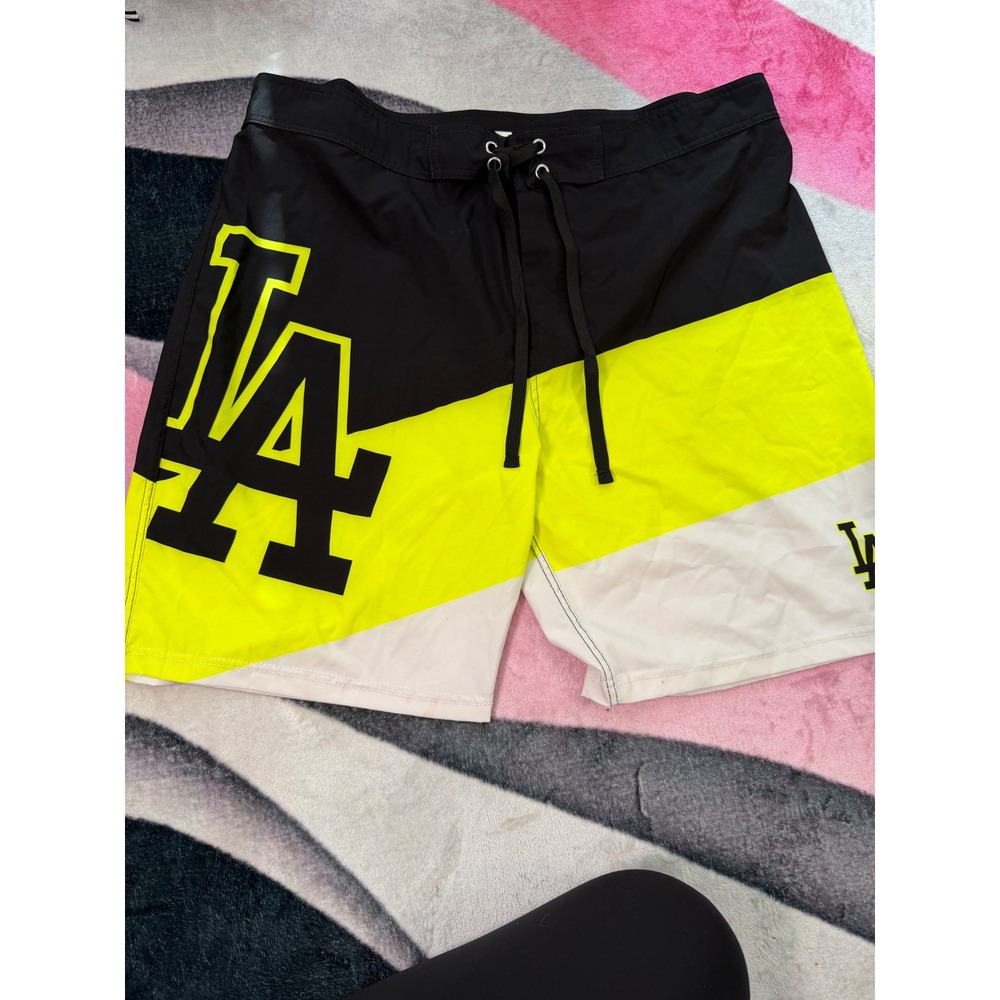 MLB Los Angeles Dodgers Mens Board Shorts Neon Yellow Black White Size 38